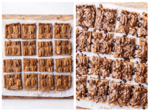 Cutting the bars into squares and drizzling with dark chocolate
